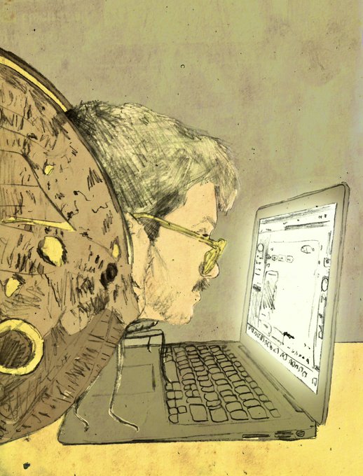 A sketched illustration shows a hooded figure with glasses intently staring at a glowing laptop screen displaying what appears to be a digital artwork or chat interface. The drawing's motif of being "drawn to light" visually echoes the caption's theme about moths and humans gravitating toward illumination, with the figure bathed in the laptop's glow.