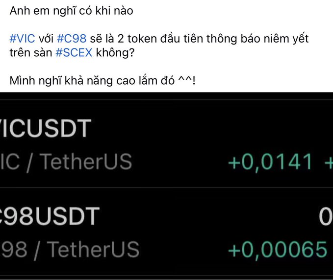 A social media post speculates that $VIC and $C98 will be the first two tokens announced for listing on the SCEX (Vietnamese) exchange, accompanied by a trading screen showing VIC/USDT at +0.0141 and C98/USDT at +0.00065 price increases.
