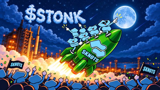 A digital illustration featuring cartoon blue characters riding a green rocket labeled "$SKNOTS" through a night sky, with a large cloud-formed "$STONK" logo above and a cheering crowd below.