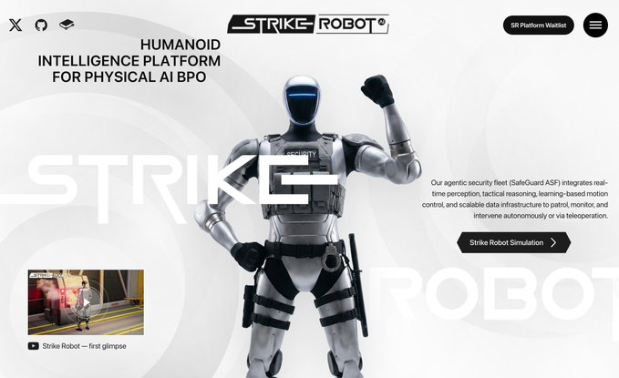 A website header for 'STRIKE ROBOT', showcasing a humanoid AI security robot in white and black armor, described as a 'HUMANOID INTELLIGENCE PLATFORM FOR PHYSICAL AI BPO'.