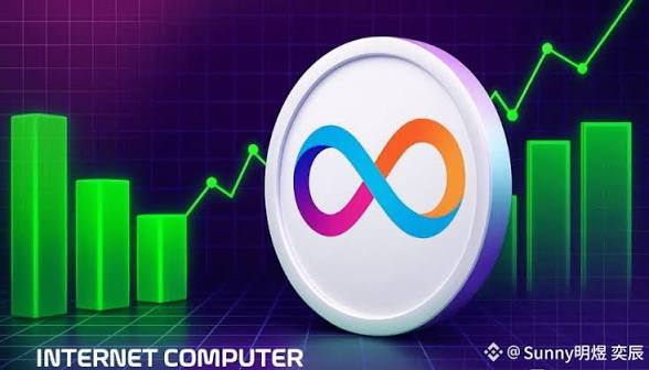 A promotional graphic for Internet Computer (ICP) showing its colorful infinity-like logo with green bar charts and an upward trending line, labeled 'INTERNET COMPUTER' with Chinese text 'Sunny明媚' 辰辰 in the corner.