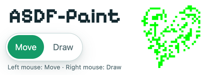 A screenshot of a pixel-art drawing application called 'ASDF-Paint' with a toggle switch set to 'Move' instead of 'Draw' and a green pixelated heart on the right.