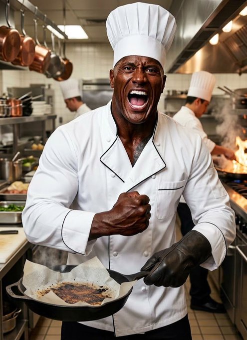A muscular chef in a white uniform and black gloves enthusiastically holding a pan of food in a busy kitchen setting.