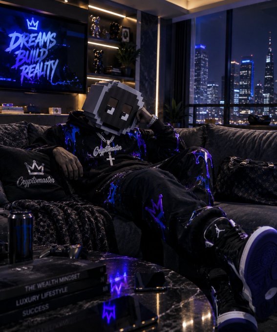 A stylized person wearing a blocky 8-bit mask and black 'Cryptomaster' clothing sitting on a couch in a luxury high-rise, with a TV reading 'DREAMS BUILD REALITY' and a 'WEALTH MINDSET' book on the table.