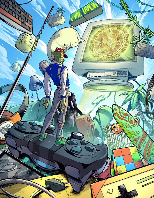 The image features an illustration of a man standing on top of a video game console, surrounded by various gaming accessories including a keyboard, a mouse, and a TV screen. The scene also includes a large computer monitor with a green light at its center. The artwork is accompanied by a caption that reads "Bored ape work done for my friend @mindfullybored What a pleasure and honor to make pieces like this for such honorable people Love creating and new challenges".