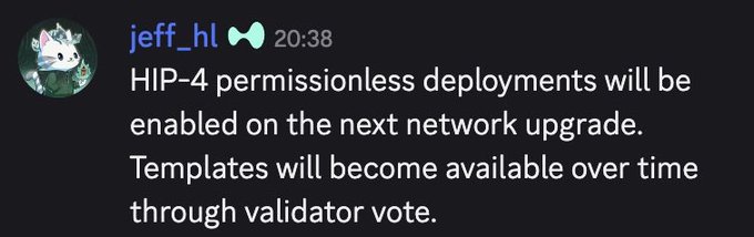 A Discord message from user "jeff_hl" at 20:38 stating "HIP-4 permissionless deployments will be enabled on the next network upgrade. Templates will become available over time through validator vote." This HIP-4 announcement suggests permissionless deployment capabilities on Hyperliquid, tying into the context of saying goodbye to prediction platforms like Polymarket and Kalshi.