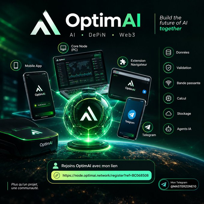 A promotional graphic for OptimAI with the tagline 'Build the future of AI together,' showcasing a Core Node, Mobile App, Browser Extension, and Telegram, along with features like Data, Validation, Bandwidth, Compute, Storage, and AI Agents.