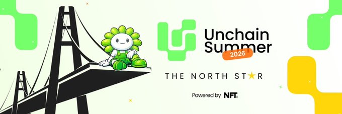 A promotional banner for 'Unchain Summer 2026' featuring a cartoon flower character sitting on a bridge, with branding from 'THE NORTH STAR' and 'Powered by NFT'.