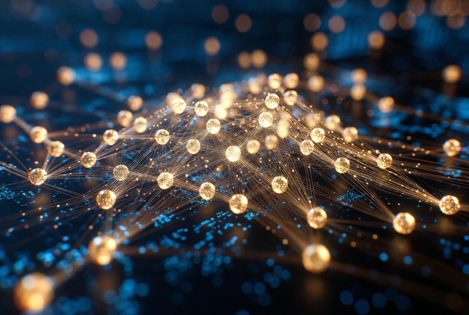 An abstract digital artwork depicting a network of glowing golden nodes connected by light threads on a dark blue background, representing neural or blockchain connectivity.