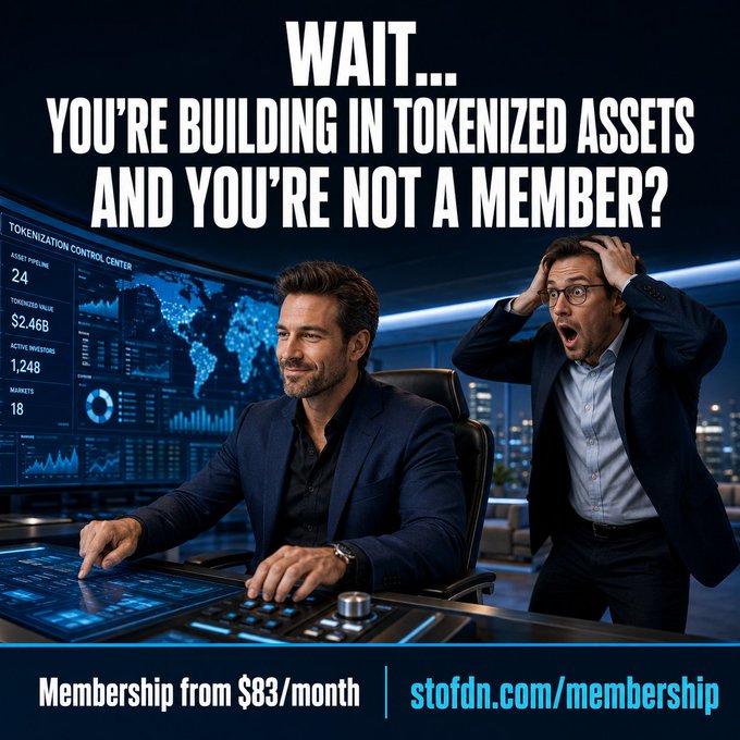 This image depicts a man calmly operating a tokenization control center with data displaying $2.46B in tokenized value and 1,248 active investors, while another man reacts with shock, questioning why anyone building in tokenized assets wouldn't be a member of STO Foundation for $83/month.
