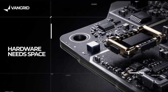 Vangrid promotional graphic with the tagline 'HARDWARE NEEDS SPACE,' showing a detailed close-up of a black circuit board with gold mounting hardware.