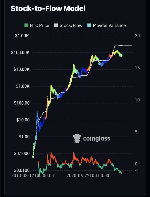 The image displays Coinglass's Stock-to-Flow Model chart tracking BTC Price (in green) against the Stock/Flow ratio (white line) and Model Variance (red/blue) on a logarithmic scale from August 2010 to June 2020, showing Bitcoin's price rising from under $1 to over $10,000. The chart visually references PlanB's famous S2F model, which predicted Bitcoin's price based on its scarcity, showing historical alignment between actual BTC price and the model's projected value with variance bands.