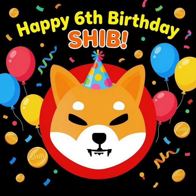 A festive graphic celebrating "Happy 6th Birthday SHIB!" featuring a Shiba Inu dog in a party hat surrounded by balloons, confetti, and SHIB coins.
