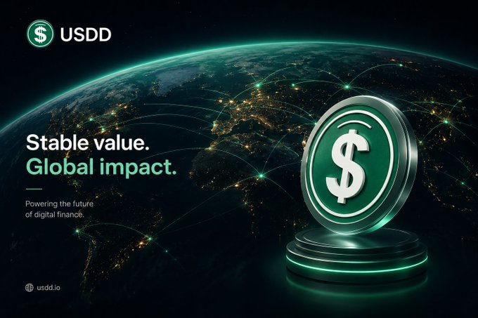 A digital finance advertisement for 'USDD' featuring a glowing green coin with a dollar sign against an Earth background, with the tagline 'Stable value. Global impact.'