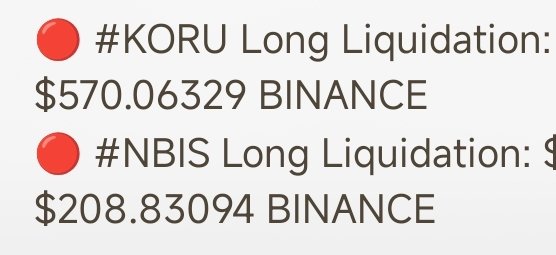 The image displays liquidation alerts for two neocloud stocks, showing a $570.06 long liquidation for #KORU and a $208.83 long liquidation for #NBIS on Binance, illustrating the bearish pressure and forced selling referenced in the post's critique of remaining bullish sentiment on neocloud names.