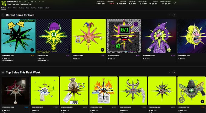 Screenshot of a Stardooz marketplace webpage displaying NFTs under "Rarest Items for Sale" and "Top Sales This Past Week" sections, featuring colorful character illustrations and prices listed in ETH.