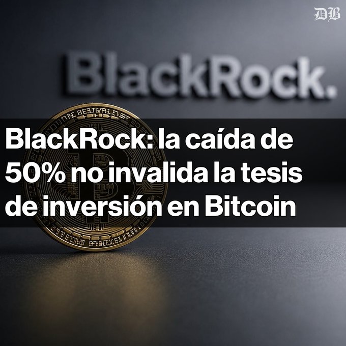 A financial news graphic from The Wall Street Journal (WSJ) showing a Bitcoin coin with the BlackRock logo, titled "BlackRock: la caída de 50% no invalida la tesis de inversión en Bitcoin."