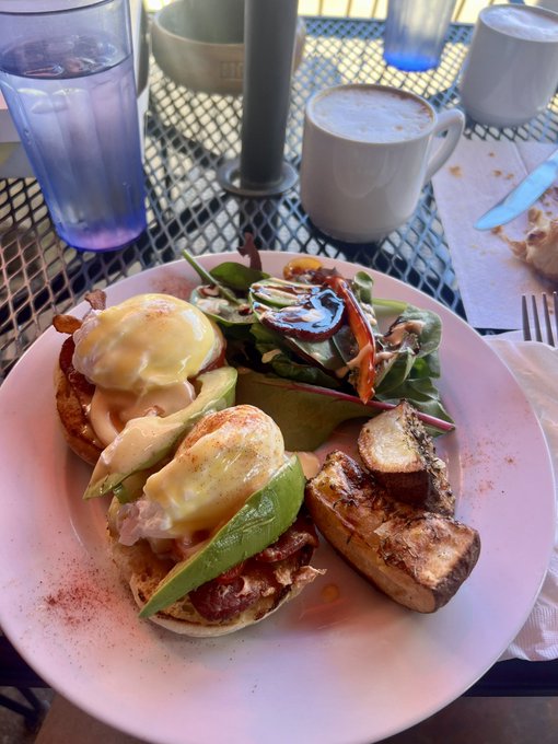 A brunch plate featuring eggs Benedict, avocado, potatoes, and a side salad on an outdoor metal table with coffee and water.