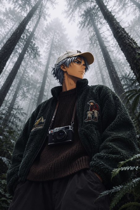 An anime-style character with silver hair and a baseball cap stands in a misty forest, wearing a dark green fleece jacket with patches over a brown sweater, a film camera hanging from their neck.