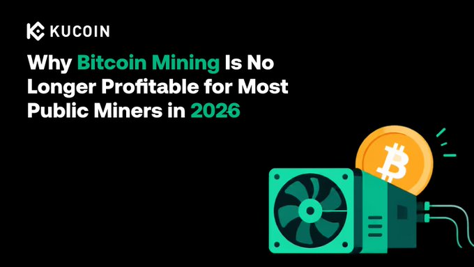 A KuCoin graphic titled "Why Bitcoin Mining Is No Longer Profitable for Most Public Miners in 2026," featuring an illustration of a green mining rig fan alongside a gold Bitcoin coin, visually reinforcing the post's discussion of falling hashprice and miners operating below cash breakeven despite Bitcoin nearing $80,000.