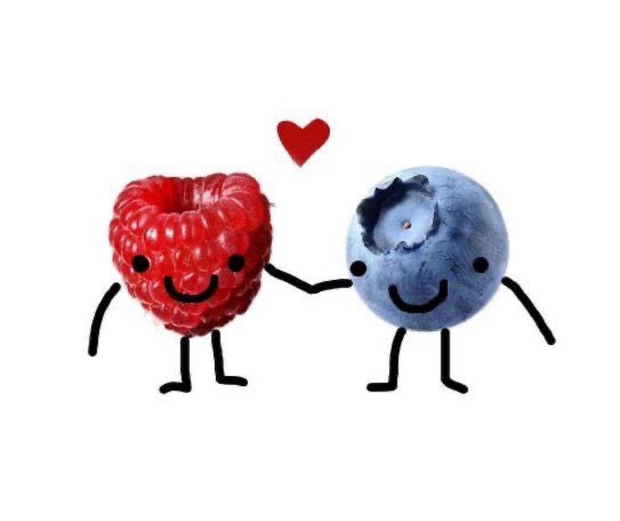 A whimsical illustration of a smiling red raspberry holding hands with a smiling blue blueberry, with a small red heart floating above them.