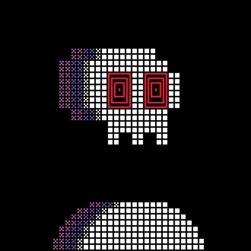 Pixel art illustration of a white character with red rectangular eyes, with a colorful purple and pink pixelated section on the left side of its body, set against a black background with a reflection below.
