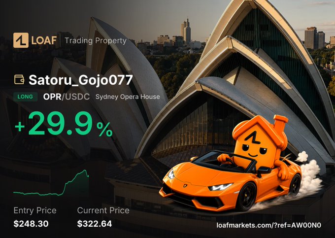 Trading property promotional image for LOAF markets showing a +29.9% gain on OPR/USDC (Sydney Opera House) by user Satoru_Gojo077, featuring an orange mascot in a Lamborghini against the Sydney Opera House backdrop.