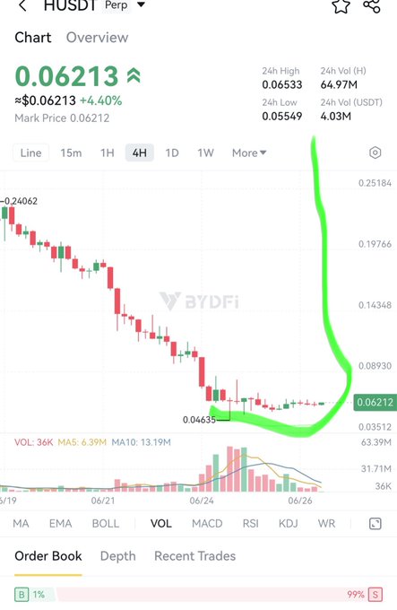 A mobile screenshot of a ByDFi perpetual chart for HUSDT showing a 4-hour candlestick view with the price at 0.06213 (up 4.40%), having recently bounced sharply from a low of 0.04635, suggesting a potential trend reversal that supports the post's claim of "the bottom is in" and an upcoming "epic pump."