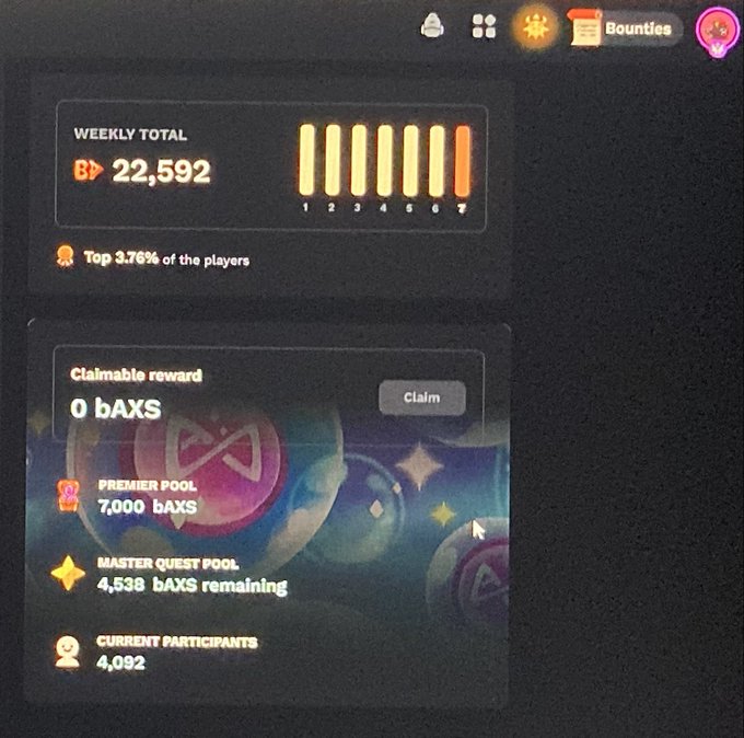 A screenshot of the Axie Infinity Bounties page showing a weekly total of 22,592 Bounty Points (placing the user in the top 3.76% of players) alongside a claimable reward section displaying a Premier Pool of 7,000 bAXS and 4,092 current participants.