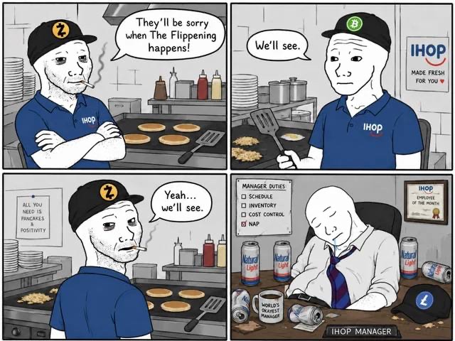 The image is a four-panel comic showing IHOP employees: a cook with a "Z" hat declaring "They'll be sorry when The Flippening happens," another cook in a "B" hat skeptically responding "We'll see," followed by a reversal where the first cook concedes "Yeah... we'll see," and finally a manager sleeping at his desk covered in Natural Light beer cans with a checklist reading "SCHEDULE [ ], INVENTORY [ ], COST CONTROL [ ], NAP [✔]" under "MANAGER DUTIES." The post's defiant "They will see I was right one day" mirrors the comic's theme of confident predictions (the Flippening—Bitcoin surpassing Ethereum) being undercut by reality, much like the IHOP worker's bold claim that crumbles when the skeptical coworker turns out to be right.