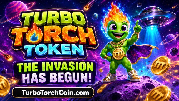 A vibrant cartoon-style promotional banner for 'Turbo Torch Token' featuring a green alien mascot with flaming hair on a space-themed background, with the tagline 'THE INVASION HAS BEGUN!' and website TurboTorchCoin.com.