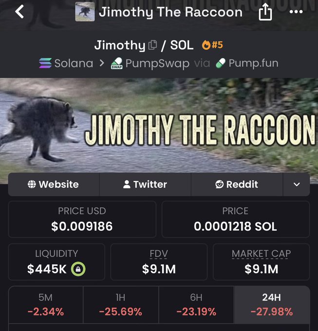 A screenshot of a cryptocurrency tracker showing "Jimothy The Raccoon" (SOL ticker), a PumpSwap token on Solana priced at $0.009186 with $445K liquidity and a $9.1M market cap, displaying steep 24-hour declines of -27.98% alongside losses across other timeframes. The image illustrates the post's claim about extreme sell pressure plaguing the token.