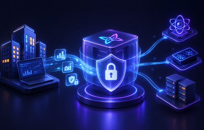 A digital illustration showing a central shield with a padlock connected to servers, data nodes, and financial icons in a glowing neon blue aesthetic.