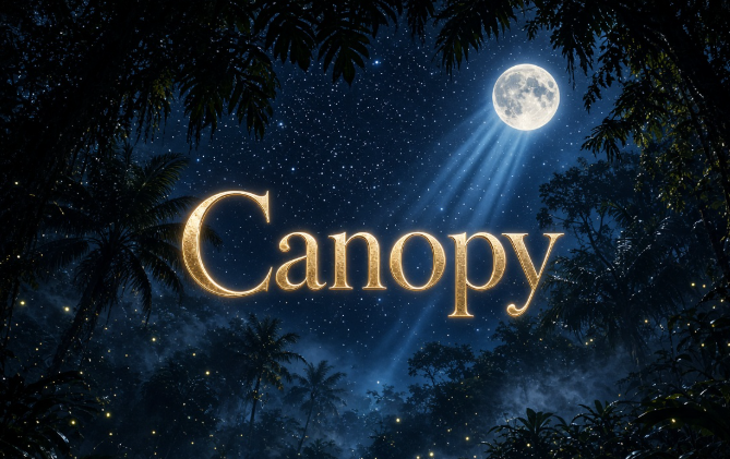 A fantasy-themed graphic with the word 'Canopy' in glowing gold text against a starry night sky featuring a full moon and silhouetted palm tree fronds.