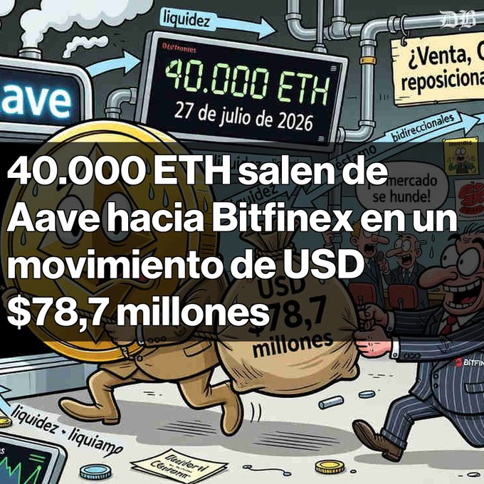 Cartoon illustration in Spanish about 40,000 ETH moving from Aave to Bitfinex in a USD $78.7 million transaction on July 27, 2026.
