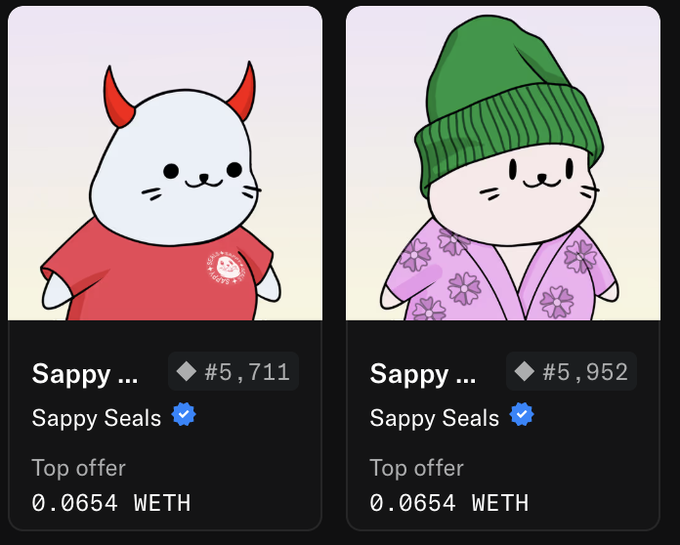 Two NFT listings for 'Sappy Seals' showing cartoon seal characters in a red t-shirt and a green beanie with floral robe, both priced at 0.0654 WETH.