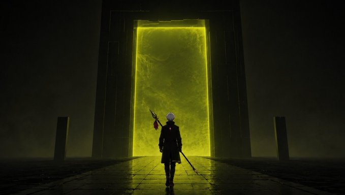 A lone warrior stands before a glowing green portal, ready to step through into a new realm. The imagery reflects the Arcions community's transition to the Robinhood platform, symbolizing a bold leap onto the "green chain" of opportunity.