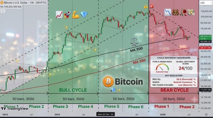 A Bitcoin (BTC/USD) weekly crypto chart divided into bull cycle phases (green) and bear cycle phases (red), with each phase spanning 50 bars/350 days. The chart displays the MA 200 and MA 350 moving averages as key support levels, illustrating how Bitcoin has historically returned to test the 350-day MA throughout its cycles, with a Cycle Sentiment Dashboard showing a "Fear & Greed Index: Extreme Fear" and a "Global Sentiment Score: 24/100."