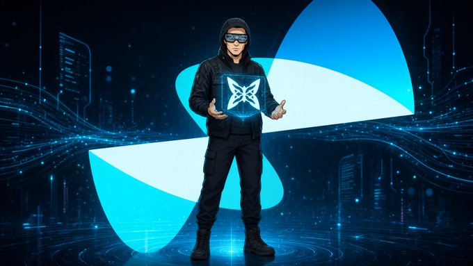 A futuristic photo composite of a man in a black hoodie and sunglasses standing in front of a glowing blue butterfly logo and digital data streams.