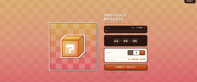 A pixel-art style NFT mint page for "SQUIGGLE WUIGGLE" with 7,500 supply, showing a mystery box image, a countdown timer of 01:43:05, a quantity selector, and a price of 0.0016 ETH above a "CONNECT WALLET" button on a checkered orange background. The site is related to Squiggle Wuiggle's mint page on anvil.clutch.market, with the post speculating whether the project will be successful ("cook") or fail ("rugged").
