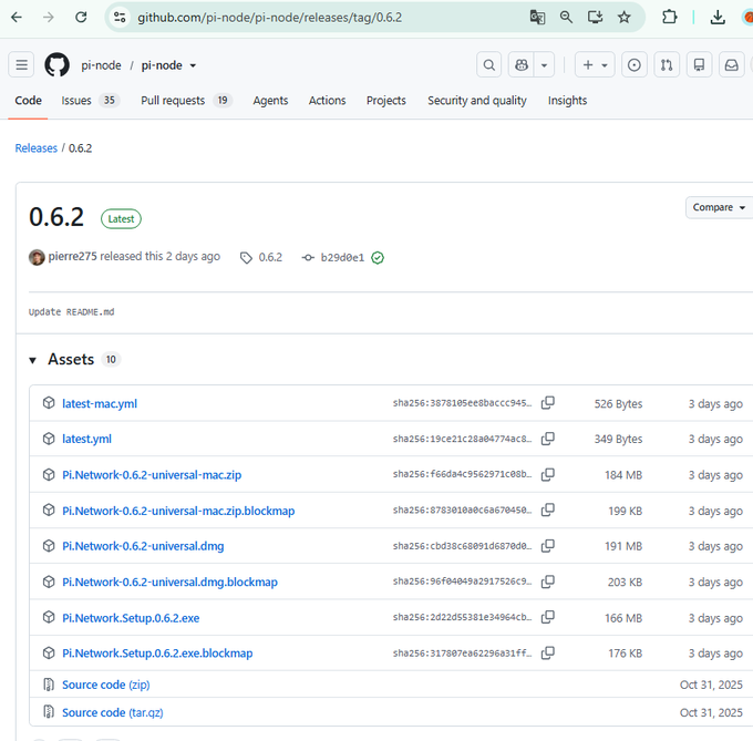 A screenshot of a GitHub releases page for pi-node version 0.6.2, displaying download assets including Pi.Network-0.6.2-universal.mac.zip, .dmg, and Pi.Network.Setup.0.6.2.exe files.