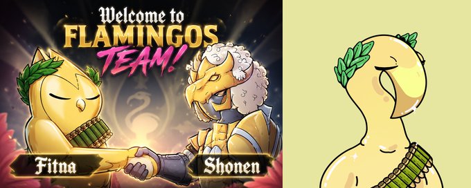 A welcome graphic titled 'Welcome to FLAMINGOS TEAM!' featuring two character names 'Fitna' and 'Shonen', with cartoon flamingo characters including a golden one with a laurel wreath and an armored, masked version on the right.