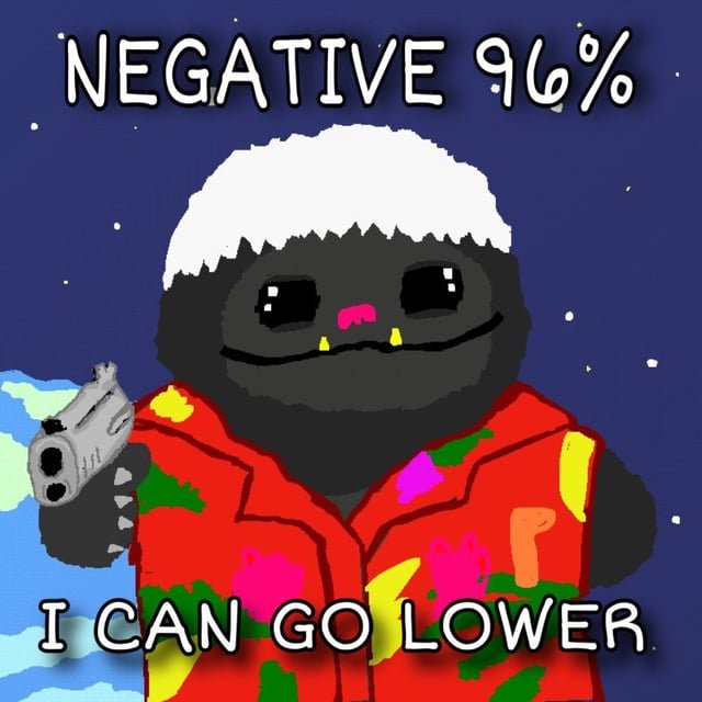 A pixel-art meme of a character in a floral shirt holding a gun, with text reading 'NEGATIVE 96%' and 'I CAN GO LOWER'.
