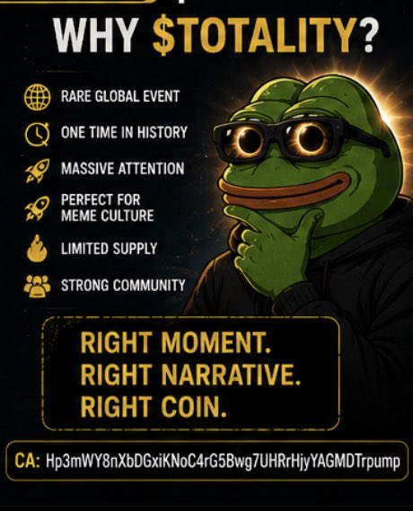 A promotional meme coin image featuring a thinking Pepe the Frog wearing eclipse glasses, listing reasons "WHY $TOTALITY?" including "Rare Global Event," "One Time In History," and "Strong Community," with the contract address "CA: Hp3mWY8nXbDGxiKNoC4rG5Bwg7UHRrHjyYAGMDTrpump" displayed at the bottom — capitalizing on the upcoming solar eclipse to market itself as the "Right Moment. Right Narrative. Right Coin."