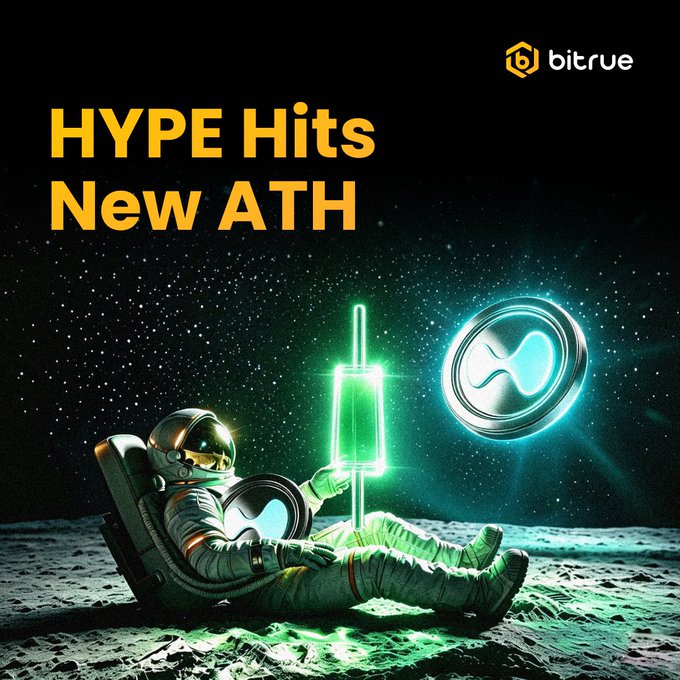 A promotional image from Bitrue with the text 'HYPE Hits New ATH' showing an astronaut relaxing in a chair on the moon with a glowing green lightsaber and an XRP/Hype coin floating nearby.