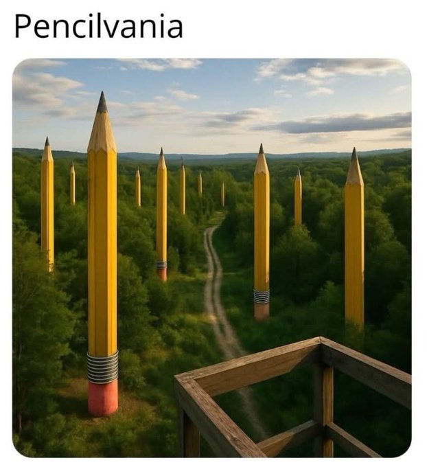 A surreal AI-generated landscape with giant yellow pencils standing among green trees and rolling hills, labeled 'Pencilvania'.