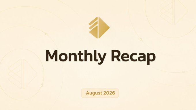 A clean, minimalist title card reading "Monthly Recap" with "August 2026" below it, featuring a gold geometric logo on a cream background.