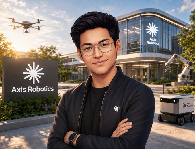 A stylized image depicts a young man in a black 'Axis Robotics' jacket standing in front of a modern office building, with a drone and a robotic delivery vehicle visible in the background.