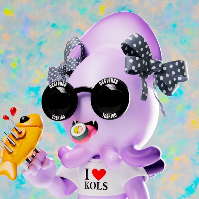 A 3D-rendered purple octopus character wearing 'DESIGNER TOSHIRO' sunglasses, polka dot bows, and an 'I ❤ KOLS' shirt, holding an orange fish guitar and a sushi roll.
