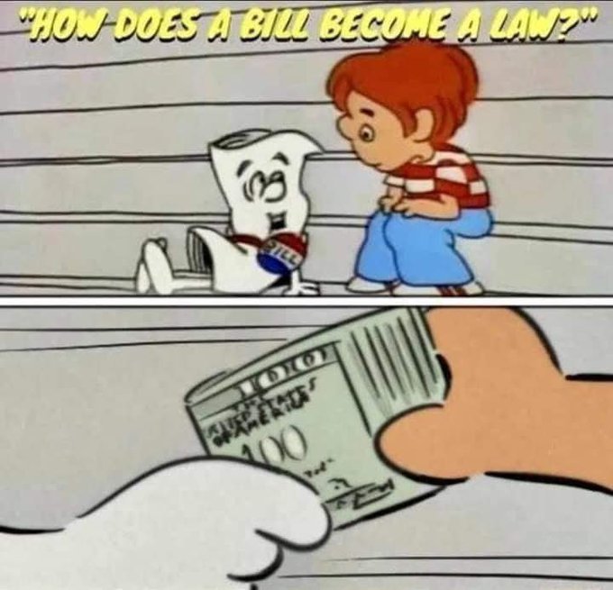 A cartoon meme with the text 'HOW DOES A BILL BECOME A LAW?' showing an animated character interacting with an anthropomorphic document and a hand holding a $100 bill.
